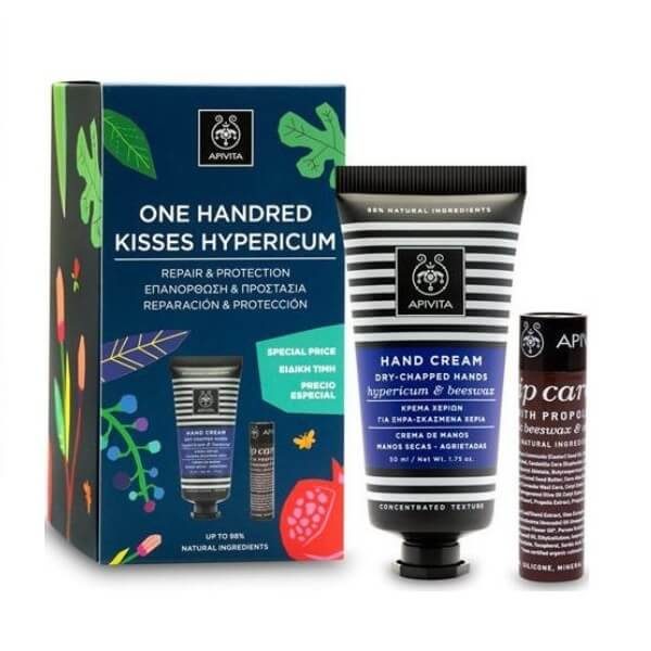 Face Care Apivita Set One Handred Kisses Hand Cream with Hypericum & Beeswax – 50ml & Gift Lip Care with Propolis – 4.4gr
