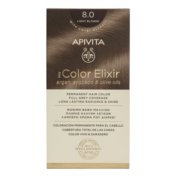 Βαφές Μαλλιών Apivita – My Color Elixir Μόνιμη Βαφή Μαλλιών Νο 8.0 Ξανθό Ανοιχτό (Βαφή 50ml & Γαλάκτωμα Ενεργοποίησης 75ml & Κρέμα Μαλλιών 2x15ml) Color Elixir