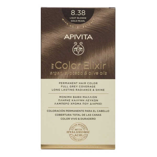 Βαφές Μαλλιών Apivita – My Color Elixir Μόνιμη Βαφή Μαλλιών Νο 8.38 Ξανθό Ανοιχτό Μελί Περλέ (Βαφή 50ml & Γαλάκτωμα Ενεργοποίησης 75ml & Κρέμα Μαλλιών 2x15ml) Color Elixir