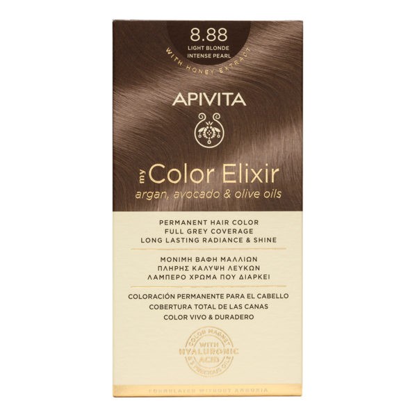 Βαφές Μαλλιών Apivita – My Color Elixir Μόνιμη Βαφή Μαλλιών Νο 8.88 Ξανθό Ανοιχτό Έντονο Περλέ (Βαφή 50ml & Γαλάκτωμα Ενεργοποίησης 75ml & Κρέμα Μαλλιών 2x15ml) Color Elixir