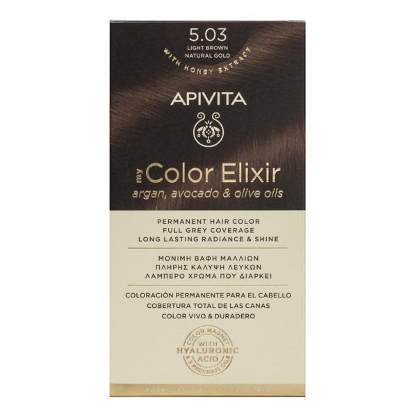 Βαφές Μαλλιών Apivita – My Color Elixir Μόνιμη Βαφή Μαλλιών Νο 5.03 Καστανό Ανοιχτό Φυσικο Μελί (Βαφή 50ml & Γαλάκτωμα Ενεργοποίησης 75ml & Κρέμα Μαλλιών 2x15ml) Color Elixir