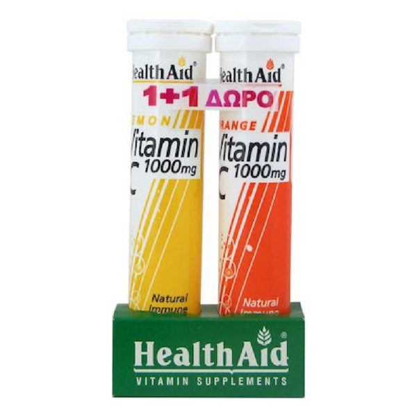 Βιταμίνες Health Aid – Βιταμίνη C 1000mg με Γεύση Λεμόνι 20 Αναβράζοντα Δισκία + με Γεύση Πορτοκάλι 20 Αναβράζοντα Δισκία (1+1)