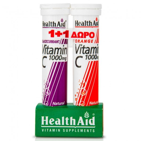 Βιταμίνες Health Aid Βιταμίνη C 1000mg με Γεύση Φραγκοστάφυλο 20 Αναβράζοντα Δισκία + με Γεύση Πορτοκάλι 20 Αναβράζοντα Δισκία (1+1)