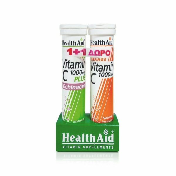 Vitamins Health Aid Vitamin C 1000mg with Echinacea & Flavor Lemon 20 Effervent Tabs + with Flavor Orange 20 Effervent Tabs (1+1)