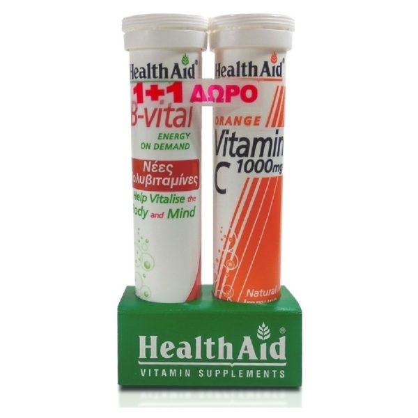 Βιταμίνες Health Aid B-Vital με Γεύση Βερύκοκο  Σύμπλεγμα βιταμινών Β C & Μετάλλων 20 Αναβράζοντα Δισκία + Βιταμίνη C 1000mg με Γεύση Πορτοκάλι 20 Αναβράζοντα Δισκία (1+1)