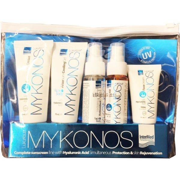 Spring InterMed – Luxurious Mykonos Set Sunscreen Cream SPF30 Sun Care Face and Body Cooling Gel Sun Care Face and Body Hydrating Antioxidant Mist Sun Care Tanning Oil SPF6 with Vitamins A+E Suncare Face Cream SPF50 InterMed Luxurius SunCare Promo