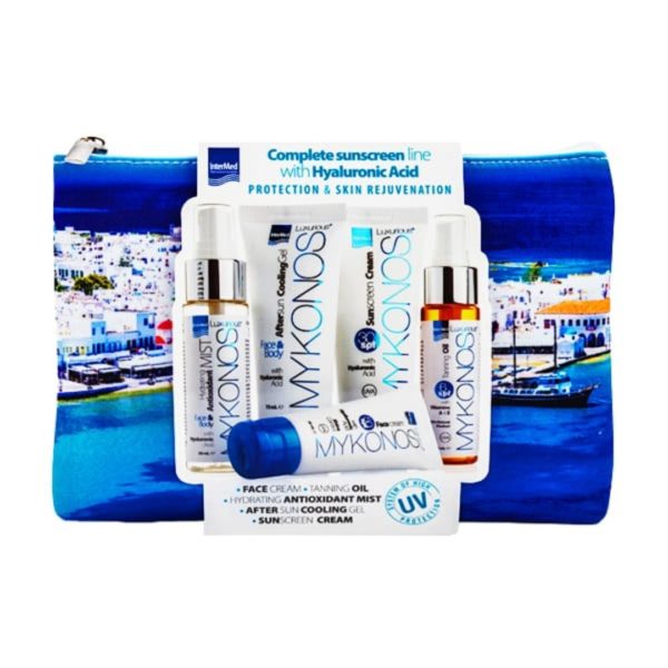 Face Care Intermed – Promo Mykonos Complete sunscreen line with Hyaluronic Acid – Face Cream SPF50 30ml & Sunscreen cream SPF30 75ml και Aftersun 75ml και Tanning Oil 50ml και Mist 50ml and Gift Νεσεσέρ InterMed Luxurius SunCare Promo