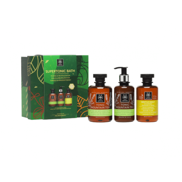 Sampoo-man Apivita – Supertonic Bath Set with Tonic Mountain Tea Shower Gel 300ml and Tonic Mountain Tea Body Milk 200ml and Gentle Daily Sampoo with Chamomile and Honey 250ml