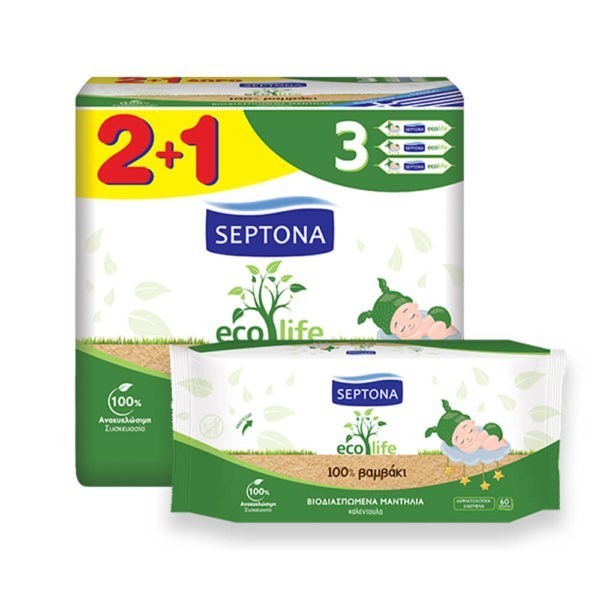 Βρεφική Φροντίδα Septona – Ecolife Βιοδιασπώμενα Μαντηλάκια με Καλέντουλα από 100% Βιολογικό Βαμβάκι (2+1 Δώρο) 3×60τμχ