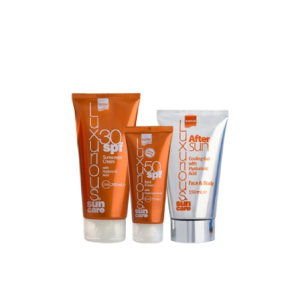 4Seasons InterMed – Luxurious Sun Care Face Cream 50SPF 75ml, Sunscreen Body Cream 30SPF 200ml, After Sun Cooling Gel Face & Body 150ml + Δώρο Summer Towel 1τμχ InterMed Luxurius SunCare Promo