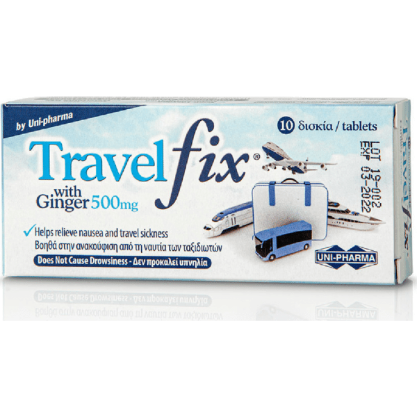 Treatment-Health Uni-Pharma – Travel Fix with Ginfer 500mg helps with nausea and travel sickness 10tabs