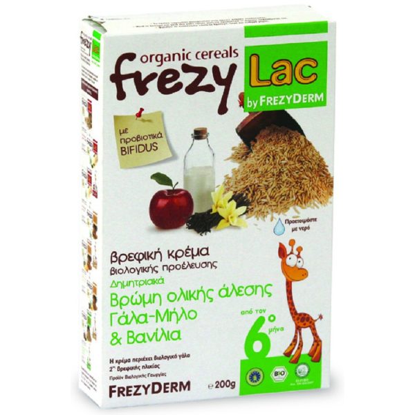 Βρεφικές Τροφές Frezyderm – Frezylac Δημητριακά Βρώμη Ολικής Άλεσης Γάλα-Μήλο και Βανίλια 200g FrezyLac Organic Cereals