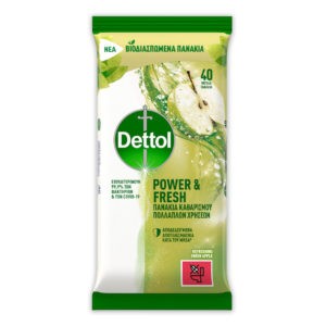 Καθαριστικά Dettol – Power & Fresh Πανάκια Καθαρισμού Πολλαπλών Χρήσεων Πράσινο Μήλο 30τμχ