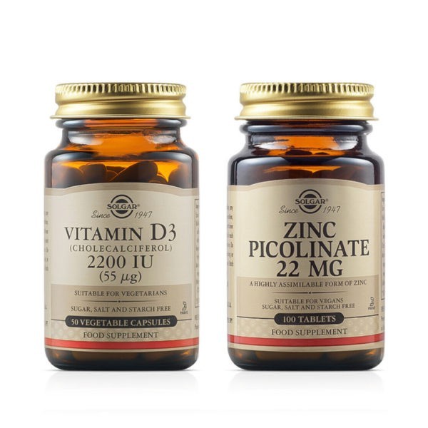 Immune Care Solgar – Vitamin D3 (Cholecalciferol) 2200 IU (55 µg) 50 veg.caps & Zinc Picolinate 22 (22 MG) 100tabs Solgar - 75years Promo