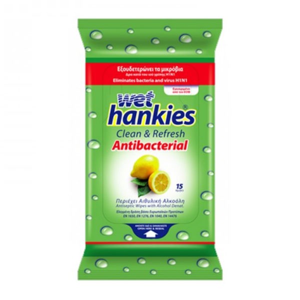 Προσφορές Wet Hankies – Clean & Refresh Antibactirial Lemon Υγρά Μαντηλάκια με Λεμόνι 15τμχ