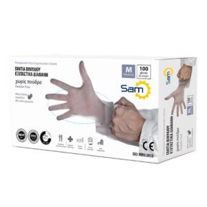 Γάντια Sam – Γάντια Βινυλίου Εξεταστικά Διαφανή χωρίς Πούδρα 100τμχ
