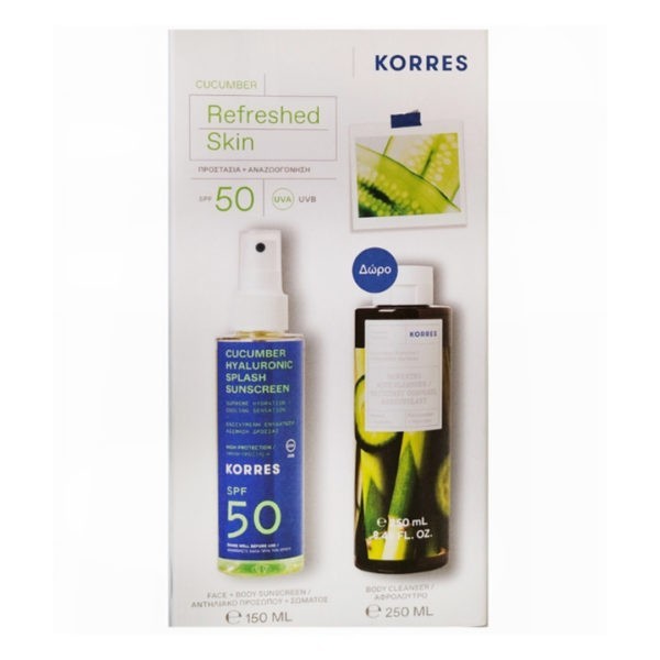 Αντηλιακά Προσώπου Korres – Αγγούρι + Υαλουρονικό Αντηλιακό Splash SPF50 150ml & Αφρόλουτρο Αγγούρι Bamboo 250ml