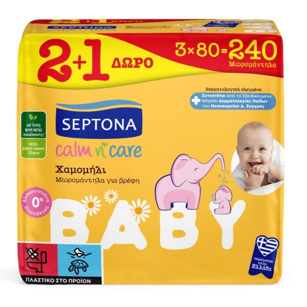 Βρεφική Φροντίδα Septona – Baby Calm n Care Μωρομάντηλα με Χαμομήλι (2+1 Δώρο) 240τμχ