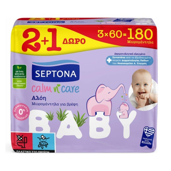 Μαμά - Παιδί Septona – Baby Calm n Care Μωρομάντηλα με Αλόη (2+1 Δώρο) 180τμχ