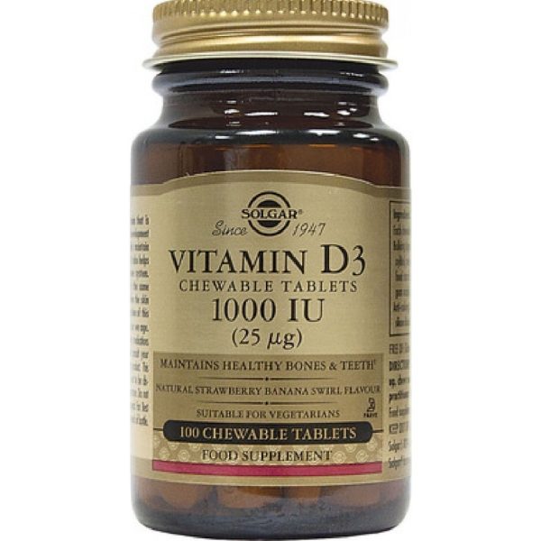Solgar - Vitamin D3 1000iu Strawberry-Banana Συμπλήρωμα Διατροφής Μασώμενης Βιταμίνης D3 100tabs