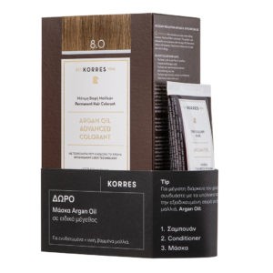 Βαφές Μαλλιών Korres – Argan Oil Advanced Colorant 8.0 Ξανθό Ανοιχτό + Δώρο Μάσκα Argan Oil 40ml