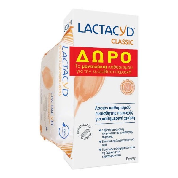 Γυναίκα Lactacyd – Classic Λοσιόν Καθαρισμού Ευαίσθητης Περιοχής για Καθημερινή Χρήση 300ml & Δώρο Μαντηλάκια Καθαρισμού 15τμχ