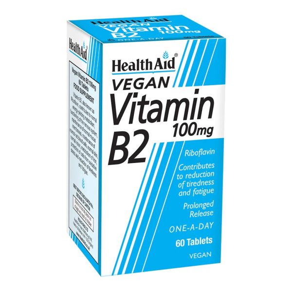 Health Aid - Vitamin B2 (Riboflavin) 100mg Prolonged Release Απαραίτητη για το Σχηματισμό Ερυθρών Αιμοσφαιρίων 60tabs