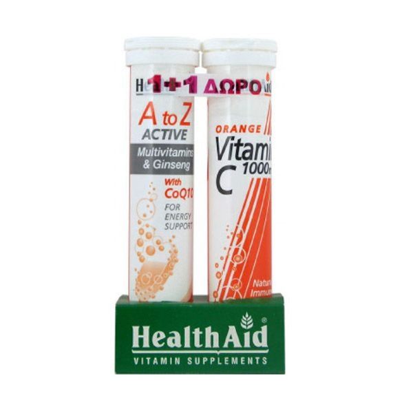 Health Aid A To Z Active Multivitamins & Ginseng 20 Αναβράζοντα Δισκία + Βιταμίνη C 1000mg με Γεύση Πορτοκάλι 20 Αναβράζοντα Δισκία (1+1) Health Aid A To Z Active Multivitamins & Ginseng 20 Αναβράζοντα Δισκία + Βιταμίνη C 1000mg με Γεύση Πορτοκάλι 20 Αναβράζοντα Δισκία (1+1)