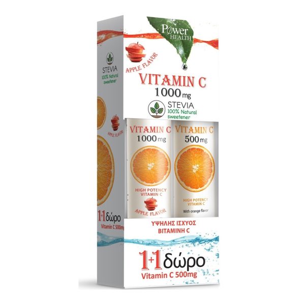 Power Health - Βιταμίνη C 1000mg Μήλο με Στέβια 24δισκία & Βιταμίνη C 500mg Πορτοκάλι 20δισκία