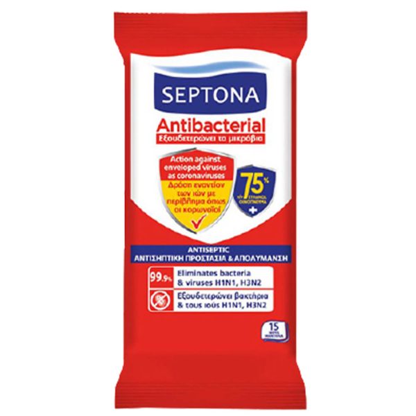 Septona - Antibacterial Μαντηλάκια Χεριών 75% Οινόπνευμα με Δράση Εναντίον των Ιών με Περίβλημα όπως ο Κορωνοϊός 15τμχ
