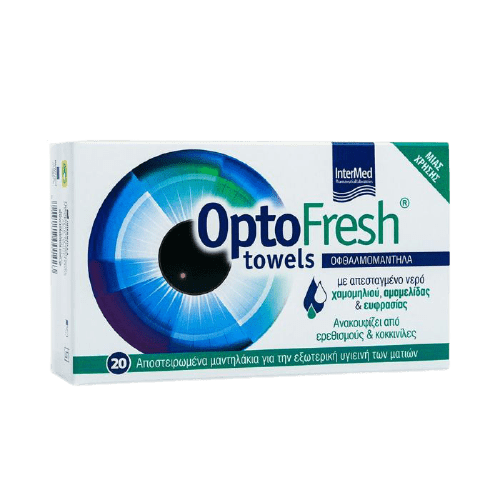 Intermed - Optofresh Towels με Αποσταγμένο Νερό Χαμομηλιού Αμαμελίδας και Ευφρασίας που Ανακουφίζει απο Ερεθισμούς και Κοκκινίλες 20τμχ Intermed - Optofresh Towels με Αποσταγμένο Νερό Χαμομηλιού Αμαμελίδας και Ευφρασίας που Ανακουφίζει απο Ερεθισμούς και Κοκκινίλες 20τμχ