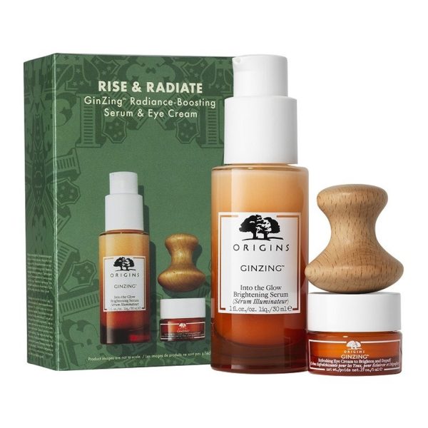 Origins - GinZing Rise & Radiate Into the Glow Brightening Serum 30ml & Refreshing Eye Cream 5ml & Ξύλινο Εργαλείο Μασάζ