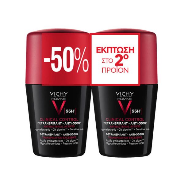 Vichy - Promo Homme Deodorant Clinical Control Roll-On 96h Ανδρικό Αποσμητικό 2x50ml
