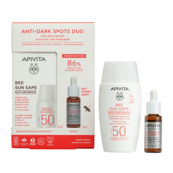 Apivita - Bee Sun Safe Daily Age Repair Λεπτόρρευστη Κρεμά Προσώπου-Dry Touch Κατά Των Πανάδων & Των Ρυτίδων SPF50 50ml & Δώρο Αντιρυτιδικός & C15 Propolis Αντιοξειδωτικός Ορός Λάμψης 10ml